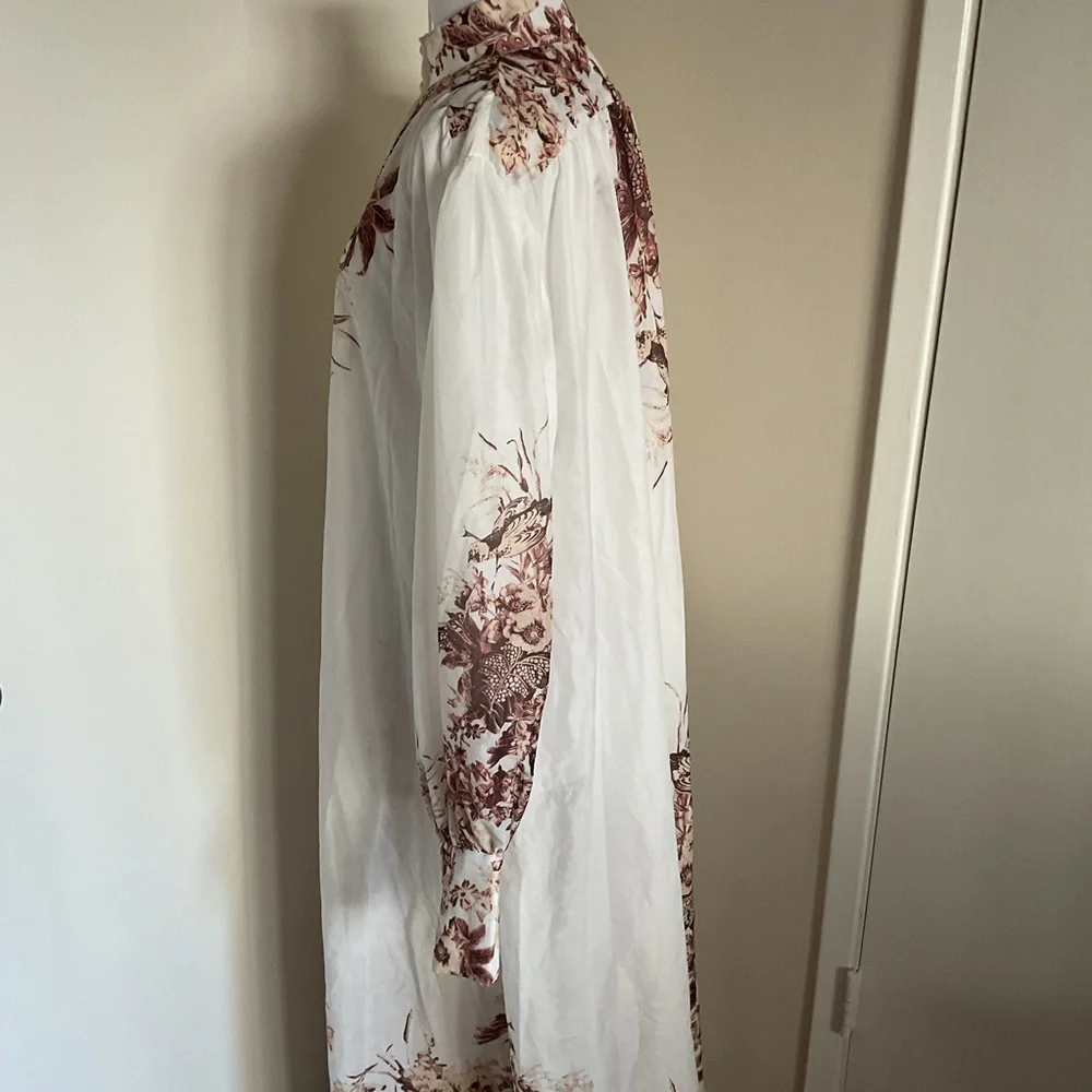 Itoo Italy Floral Maxi Shirt Dress Sheer Long Sleeve Belted Size Large - Picture 8 of 11